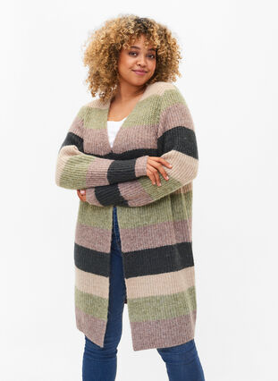 Long knitted cardigan with stripes, Forest Night Comb, Model image number 0