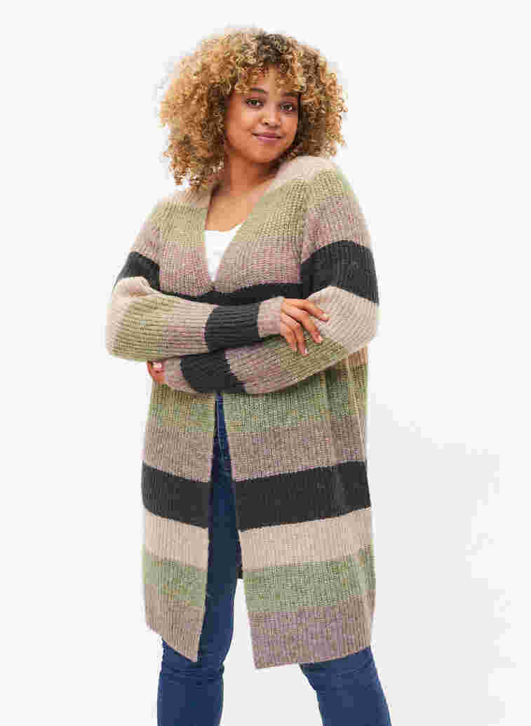 Long knitted cardigan with stripes, Forest Night Comb, Model
