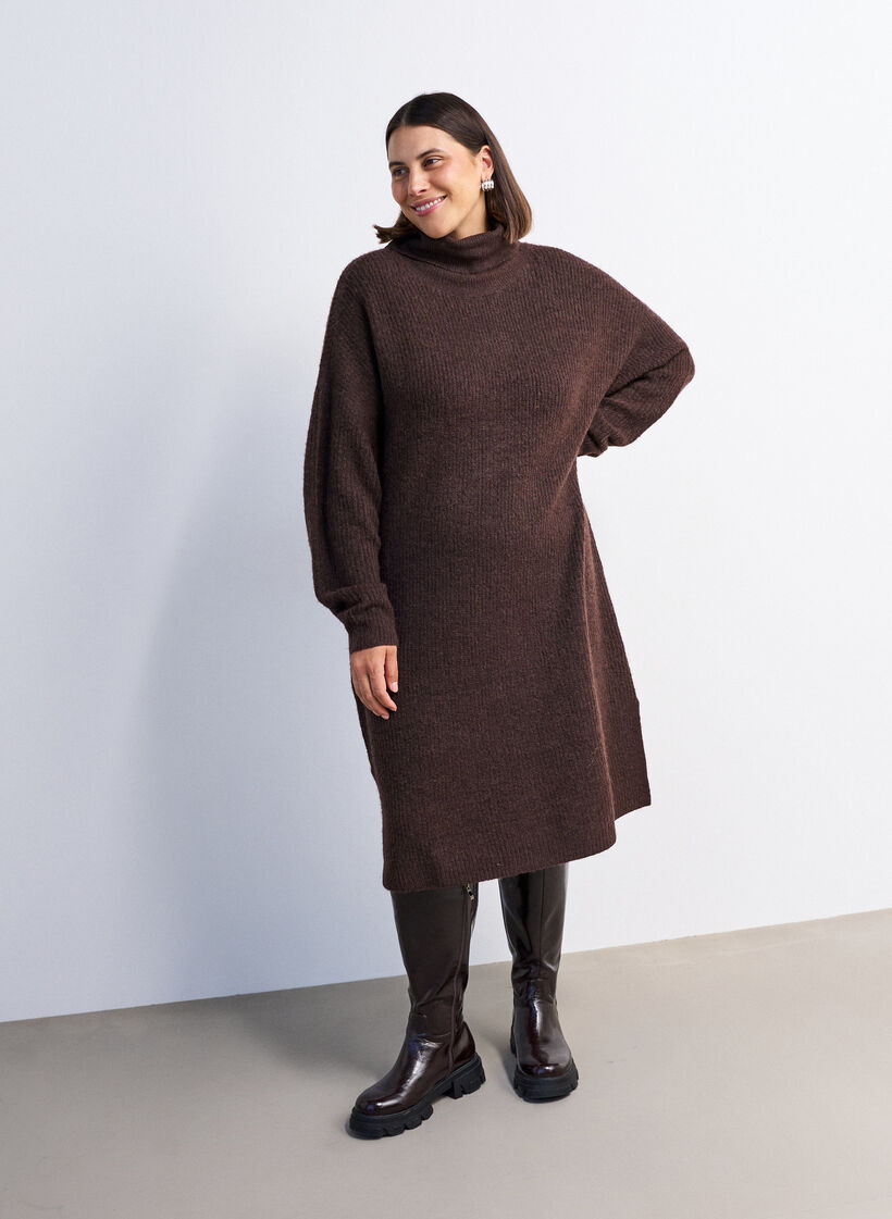 Knitted dress with turtleneck, Brown, Model image number 0