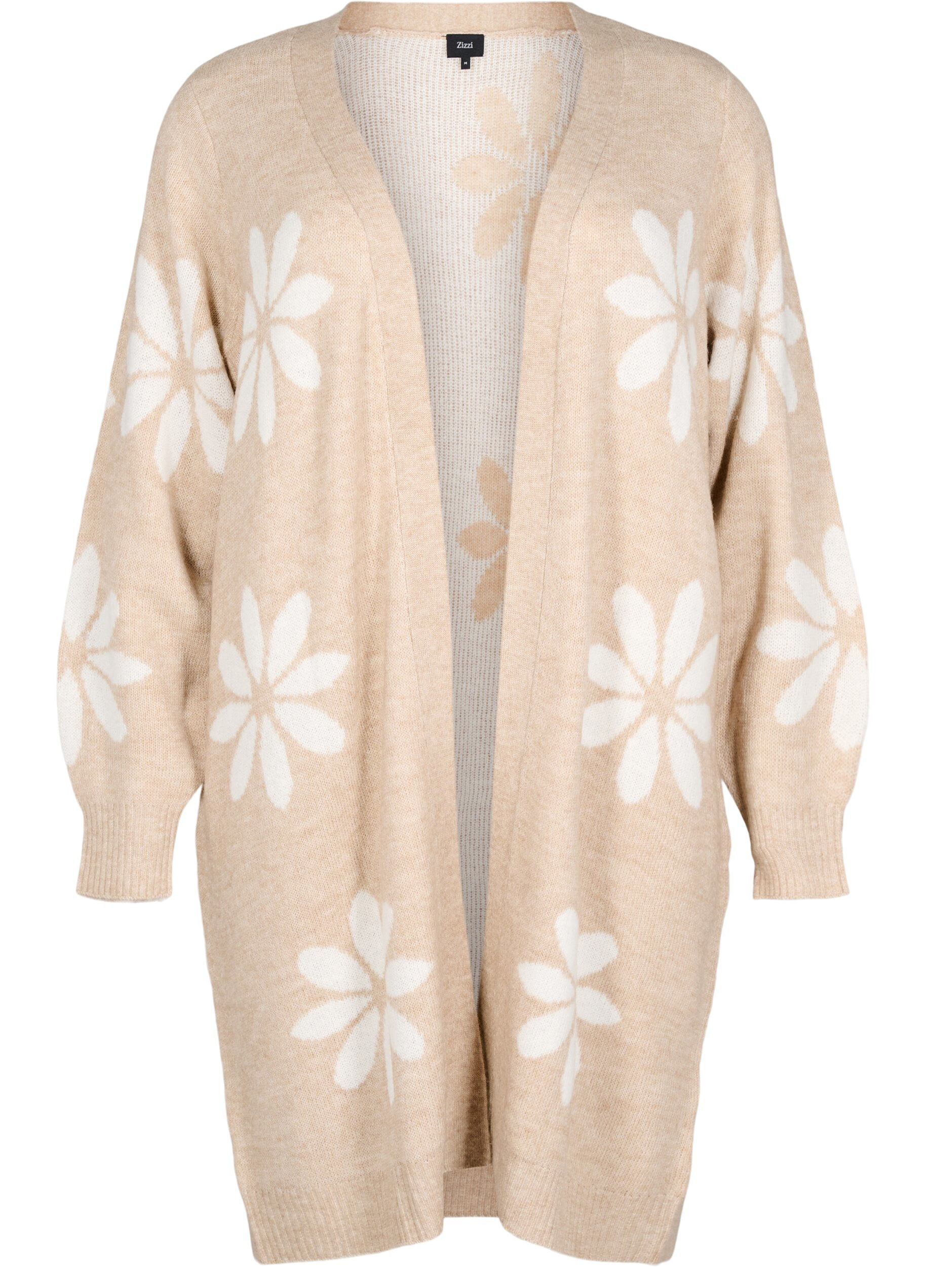 Zizzifashion Long knitted cardigan with flowers, Simply Taupe Comb, Packshot image number 0