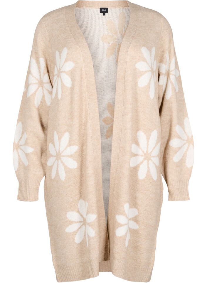 Long knitted cardigan with flowers, Simply Taupe Comb, Packshot image number 0