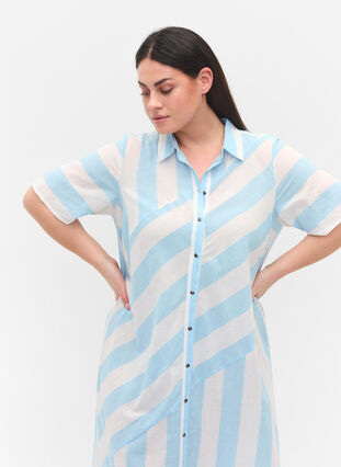 Short-sleeved cotton shirt dress with stripes, Blue Bell Stripe, Model image number 1