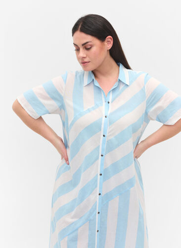 Short-sleeved cotton shirt dress with stripes, Blue Bell Stripe, Model image number 1