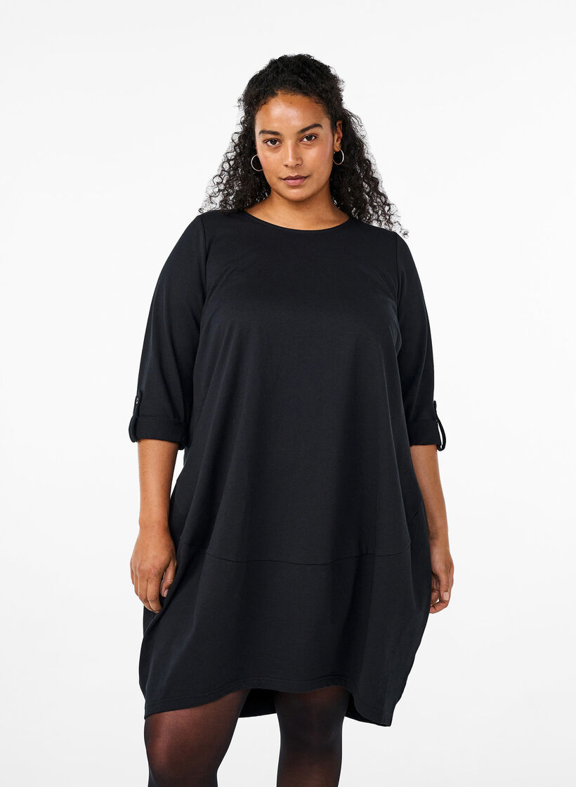 Cotton dress with balloon fit, Black, Model image number 0