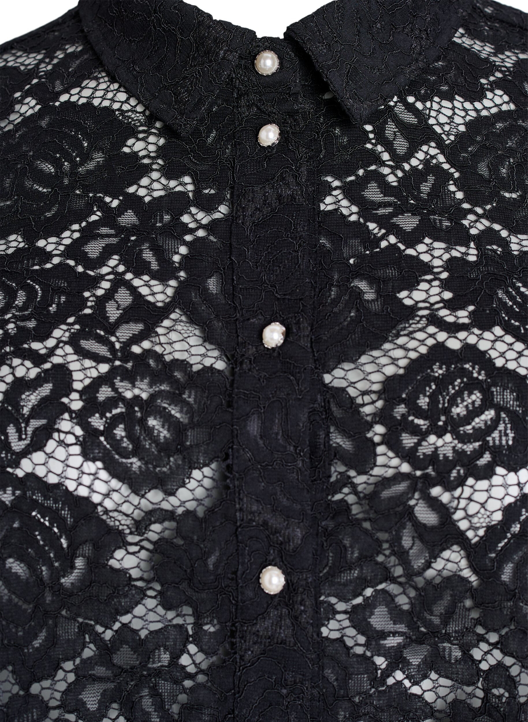 Zizzifashion Lace shirt blouse with pearl buttons, Black, Packshot image number 2