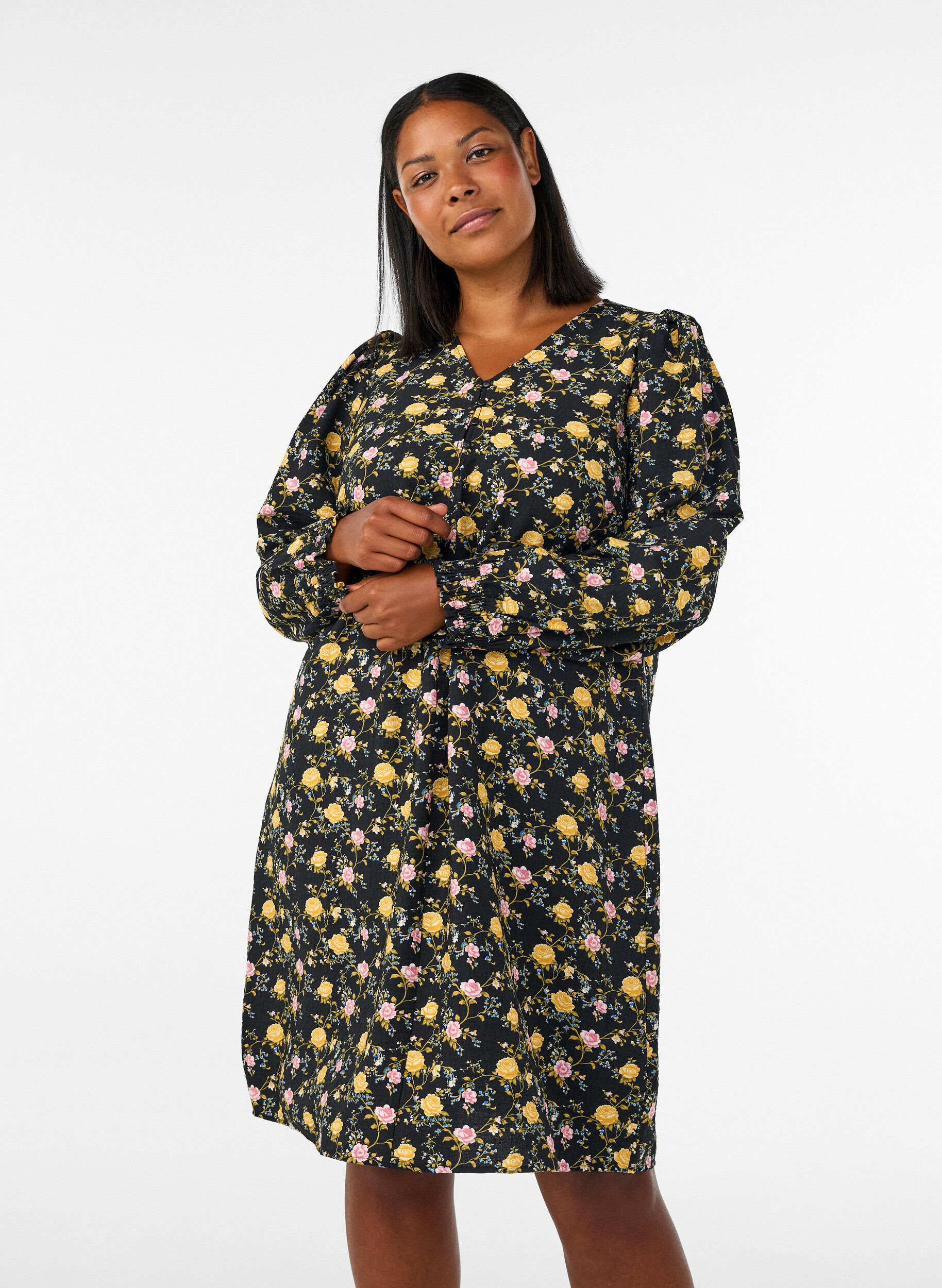 ZizzifashionPatterned viscose dress with long sleeves, Black, Model image number 0