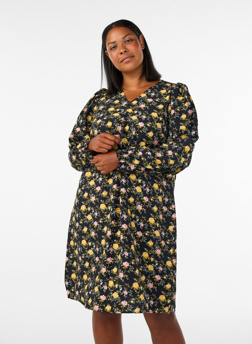 Patterned viscose dress with long sleeves, Black, Model image number 0
