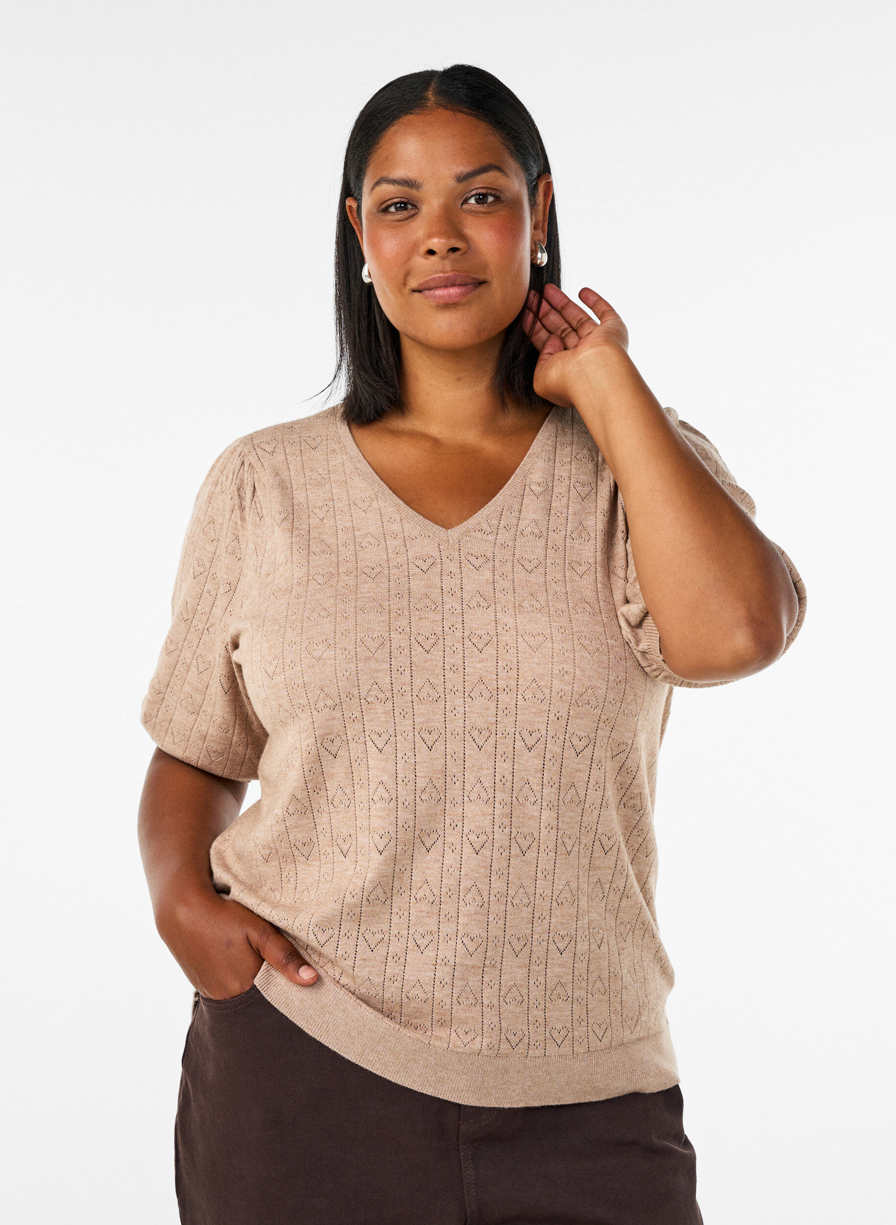 ZizzifashionShort-sleeved knit blouse with a pointelle pattern, Beige, Model image number 0