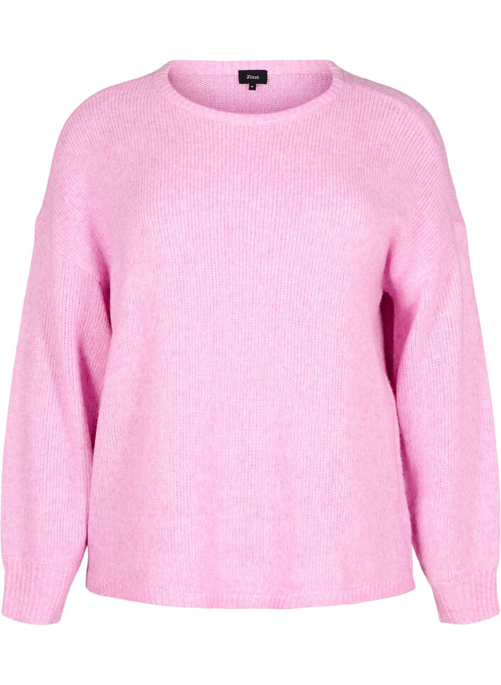 Long-sleeved knitted jumper with wool and a round neck, Begonia Pink Mel., Packshot image number 0