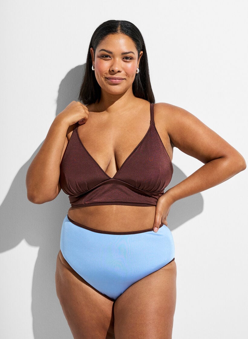 Reversible bikini top with V-neck and cross-back straps, Brown, Model image number 1