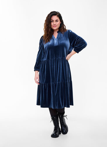 Velvet dress with ruffle collar and 3/4 sleeves, Navy Blazer, Model image number 0
