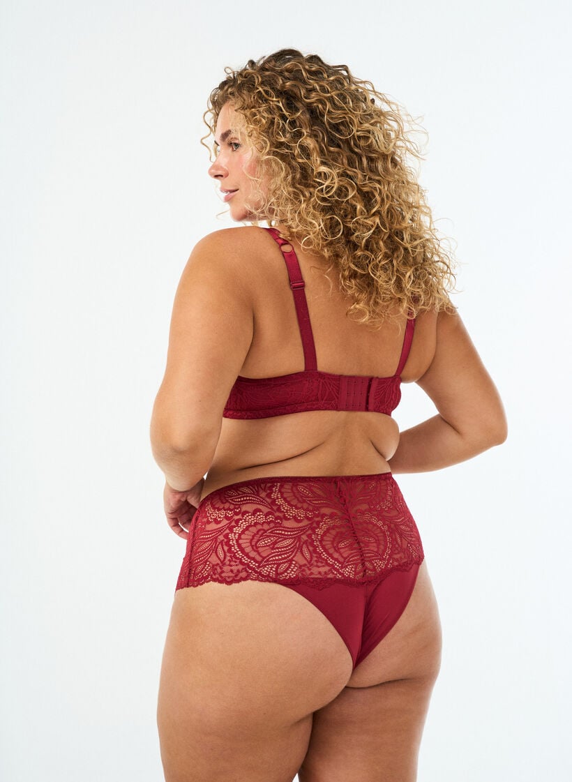 Crotchless hipster thong with lace and high waist, Red, Model image number 1