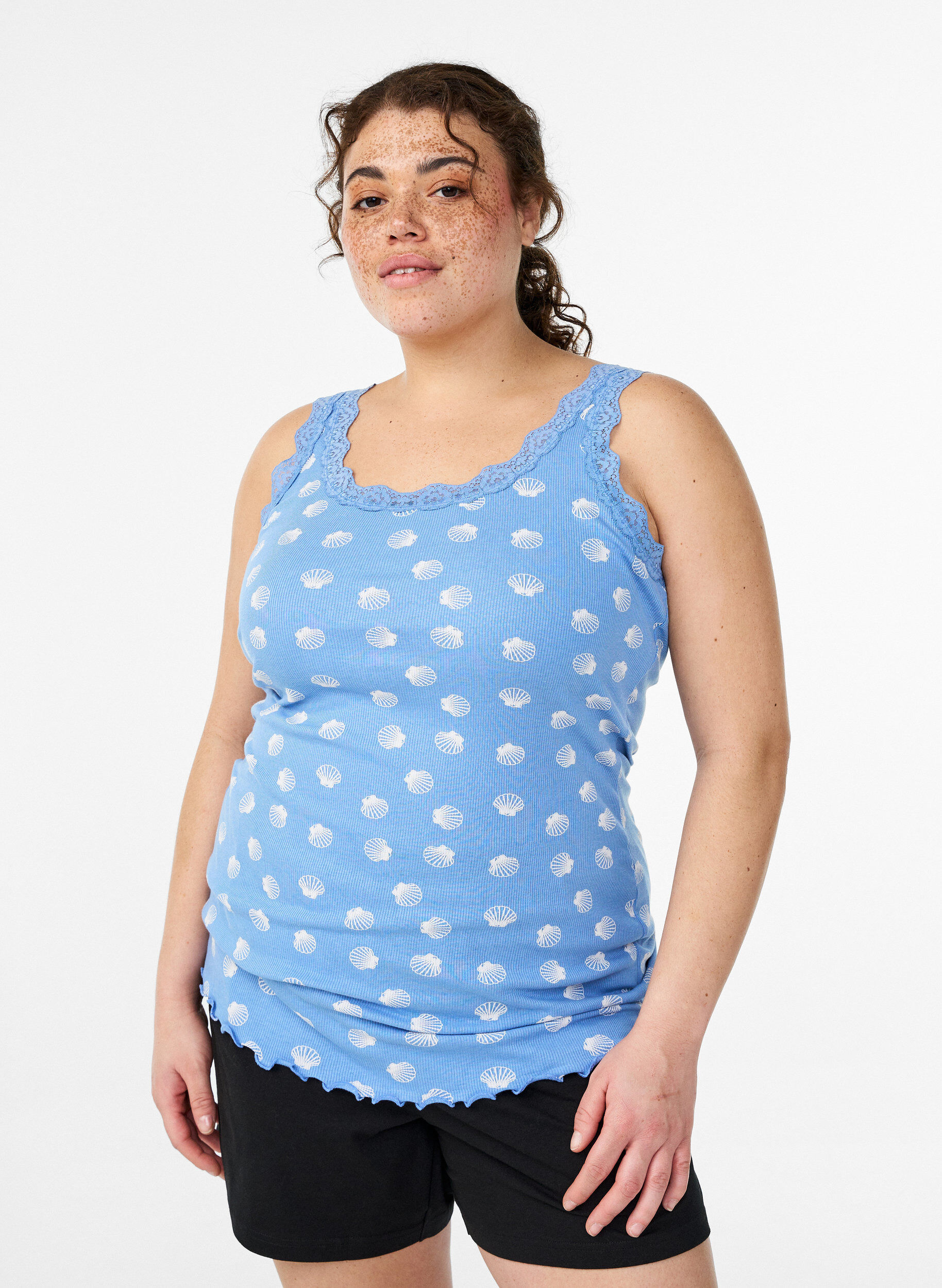 Top with print and lace edge, Blue, Model