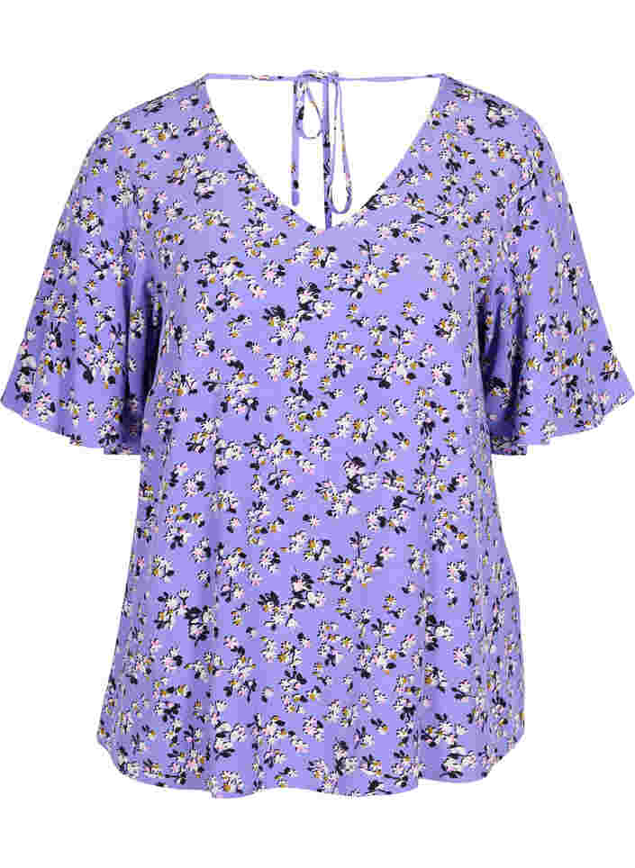 Floral viscose blouse with snow detail, Lilac Flower Print, Packshot image number 0