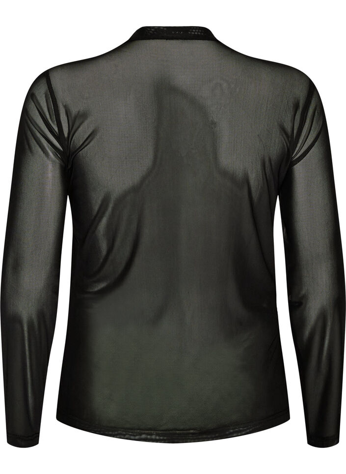 Fitted mesh blouse with long sleeves, Black, Packshot image number 1
