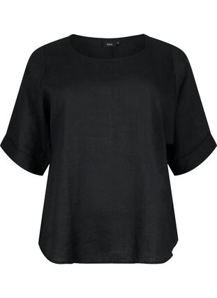 Short-sleeved blouse in 100% linen, Black, Packshot image number 0