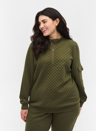 Quilted sweatshirt with zip, Ivy Green, Model image number 0