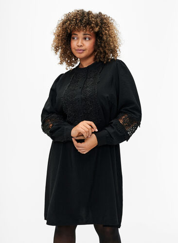 Viscose dress with crochet details, Black, Model image number 0