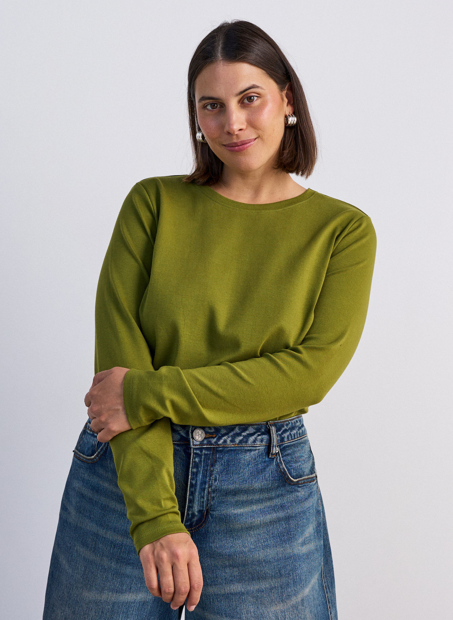 ZizzifashionLong-sleeved basic T-shirt with a round neck, Green, Model image number 0