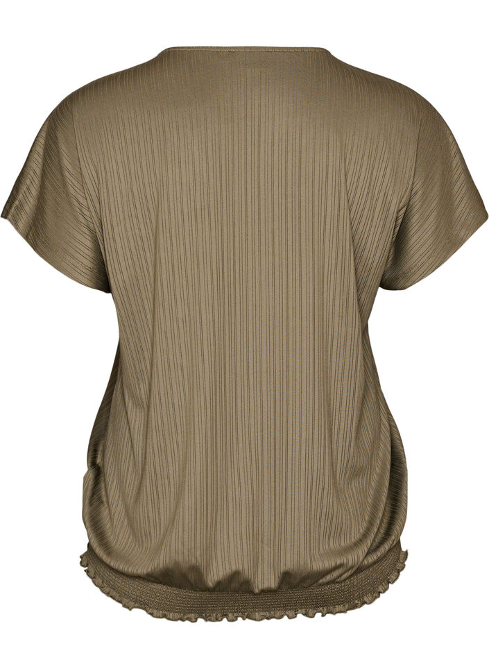 Jersey blouse with textured stripes and a smocked hem, Brown, Packshot image number 1