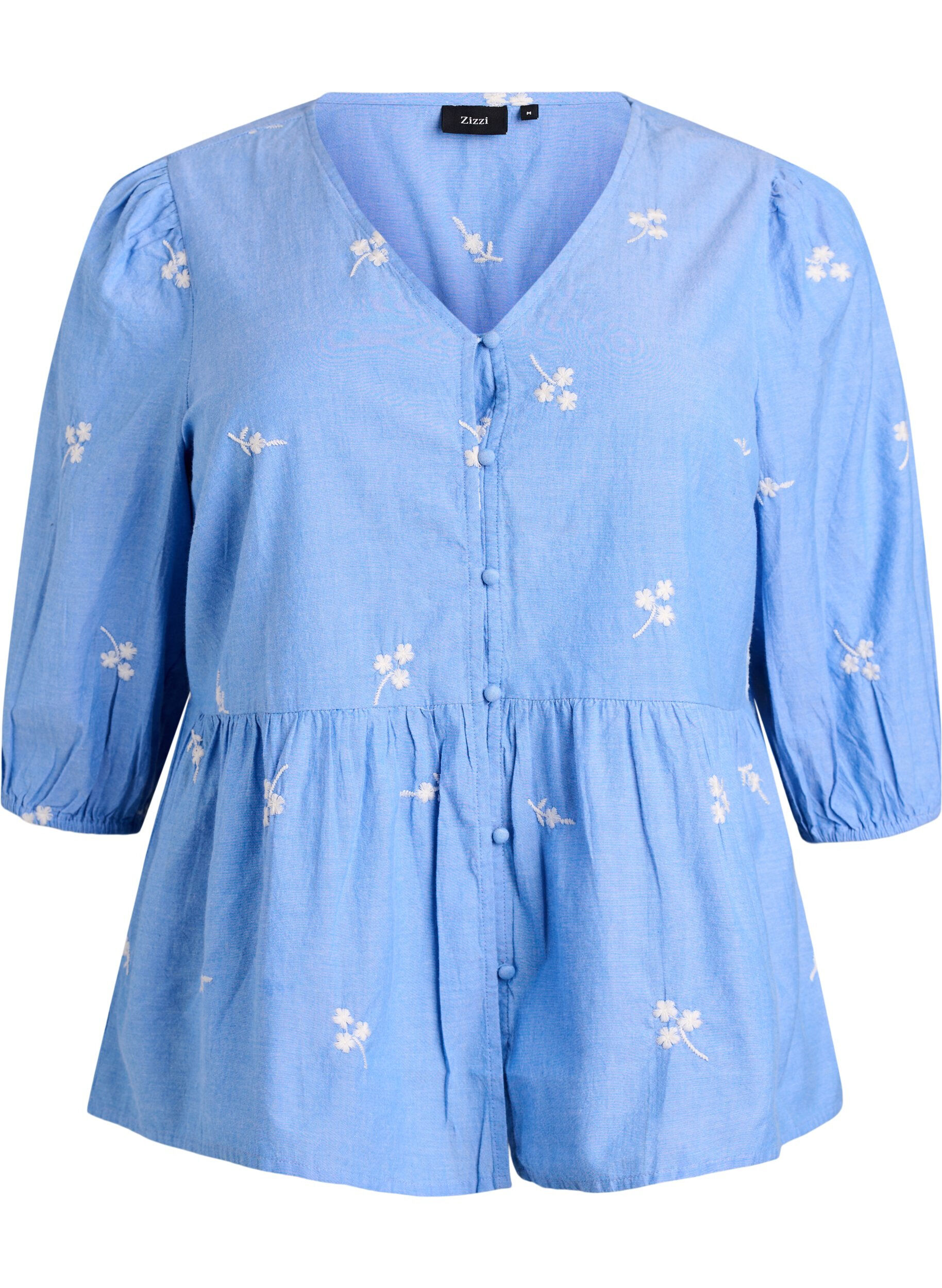 ZizzifashionCotton blouse with embroidered flowers and button fastening, Light Blue, Packshot image number 0