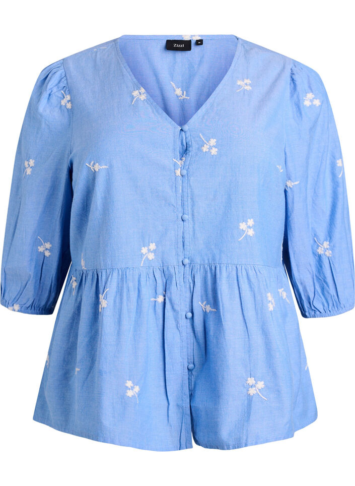 Cotton blouse with embroidered flowers and button fastening, Light Blue, Packshot image number 0