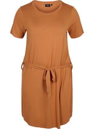 Short sleeve dress with waist belt, Pecan Brown, Packshot image number 0