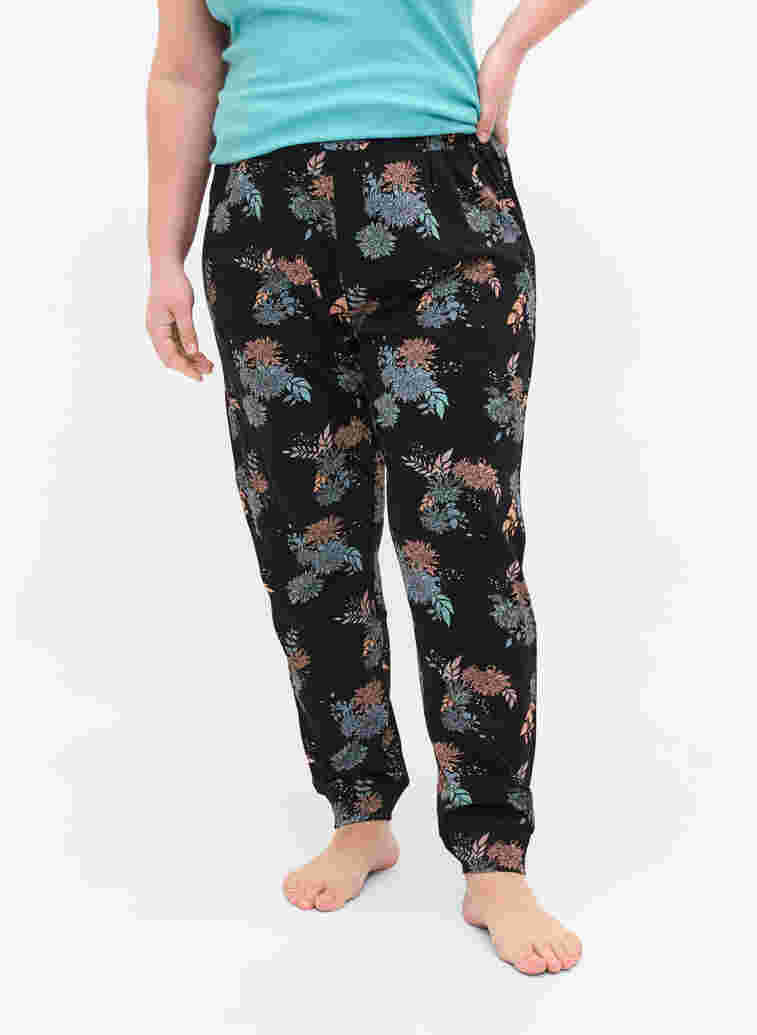 Cotton night trousers with floral print, Black Flower AOP, Model image number 1