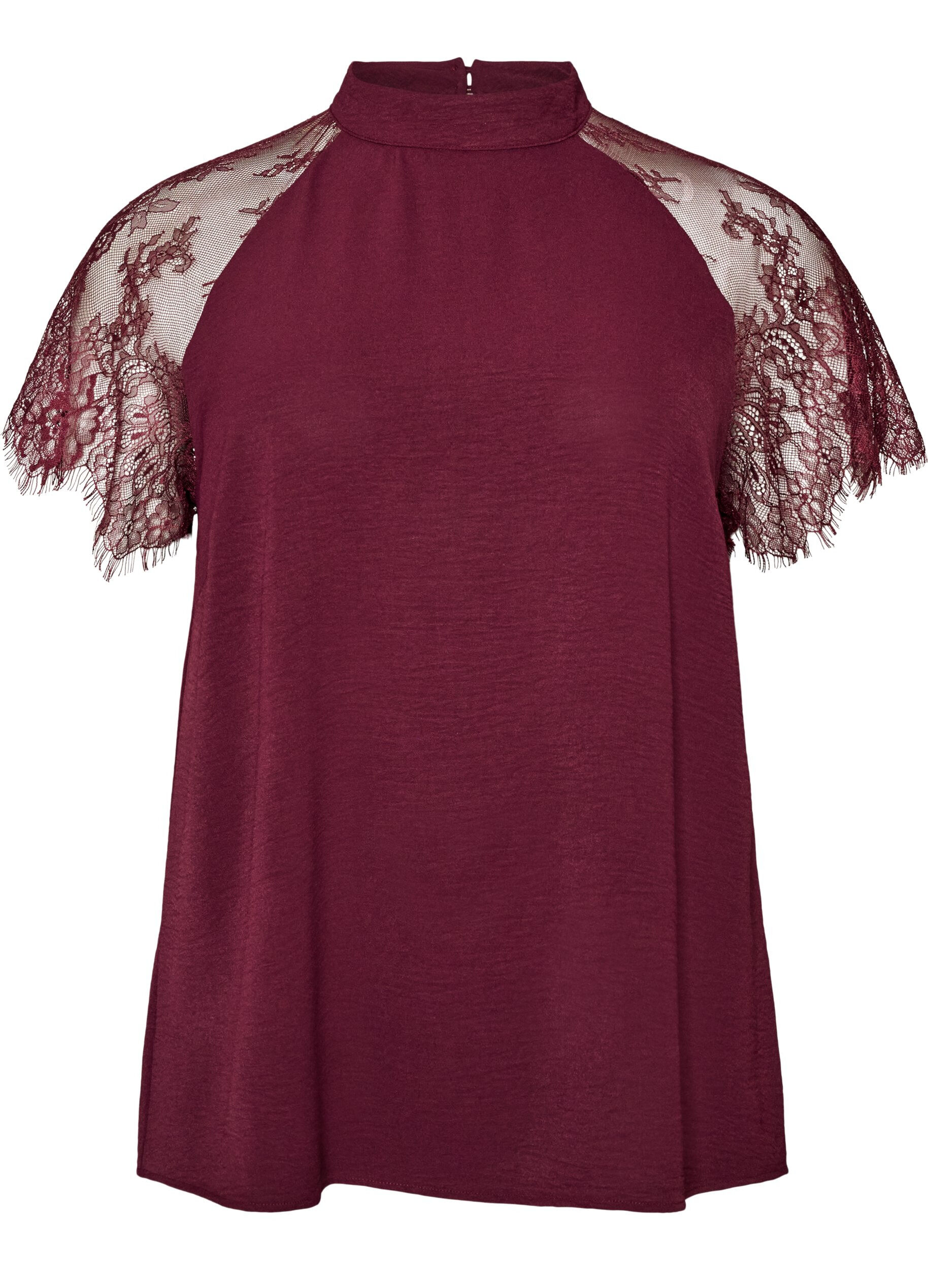 Blouse with short lace sleeves and high neck