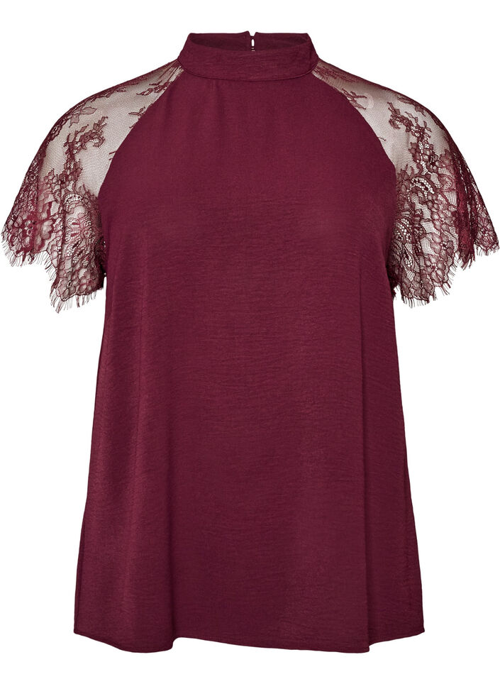 Blouse with short lace sleeves and high neck, Red, Packshot image number 0
