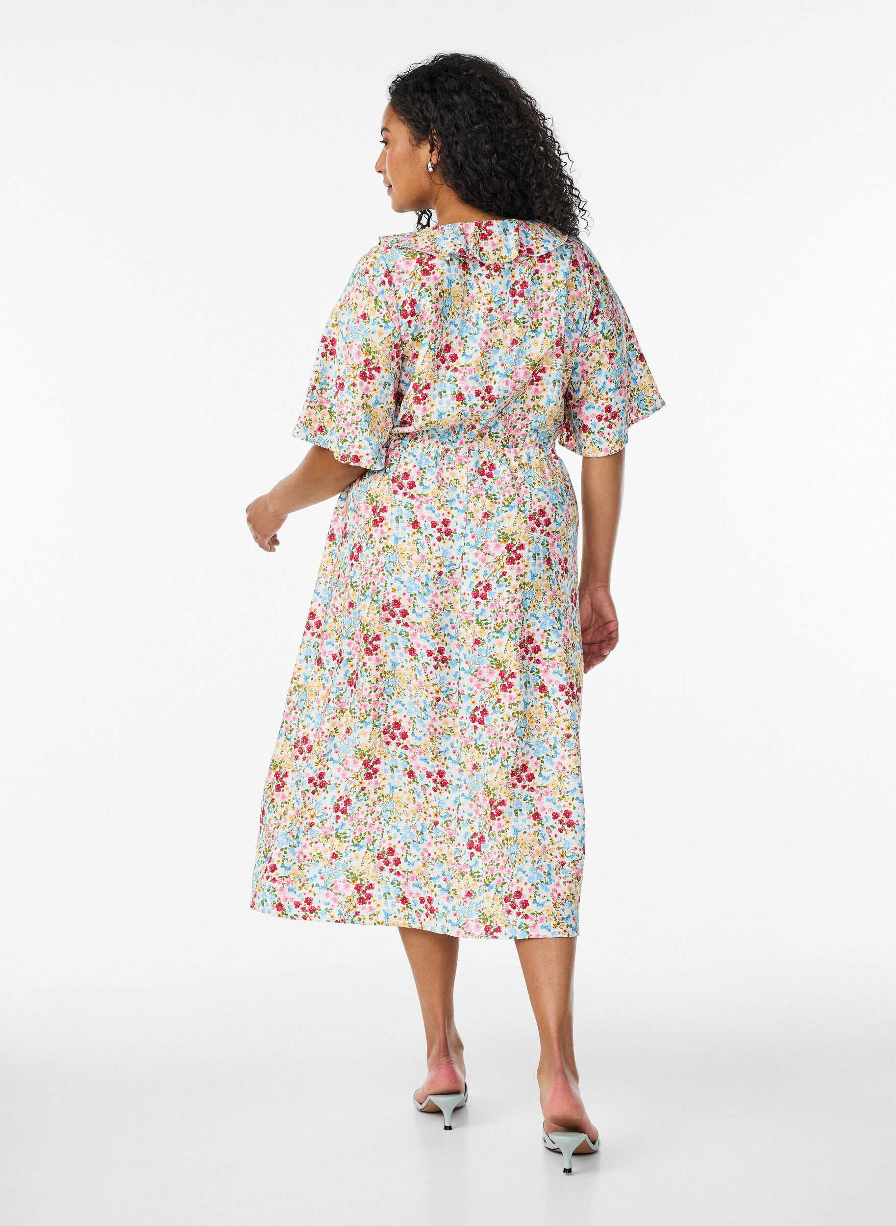 ZizzifashionViscose midi dress with a floral print and ruffle collar, Rose, Model image number 1