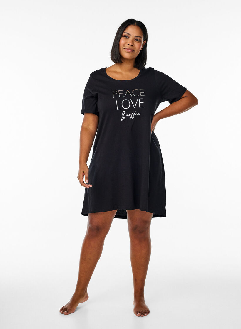Short-sleeved nightgown in organic cotton, Black, Model image number 1