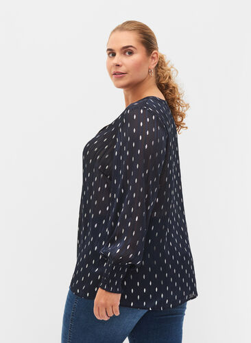 Printed top with smock and v-neckline, Night Sky w. Silver, Model image number 1