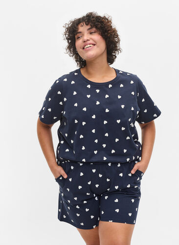 Short sleeved pyjama t-shirt in cotton, Navy Blazer AOP, Model image number 0