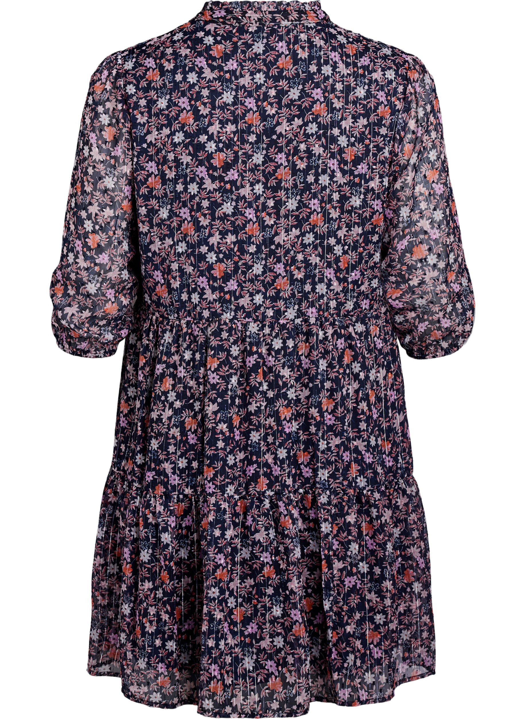 ZizzifashionTunic with floral print and glitter threads, Blue, Packshot image number 1