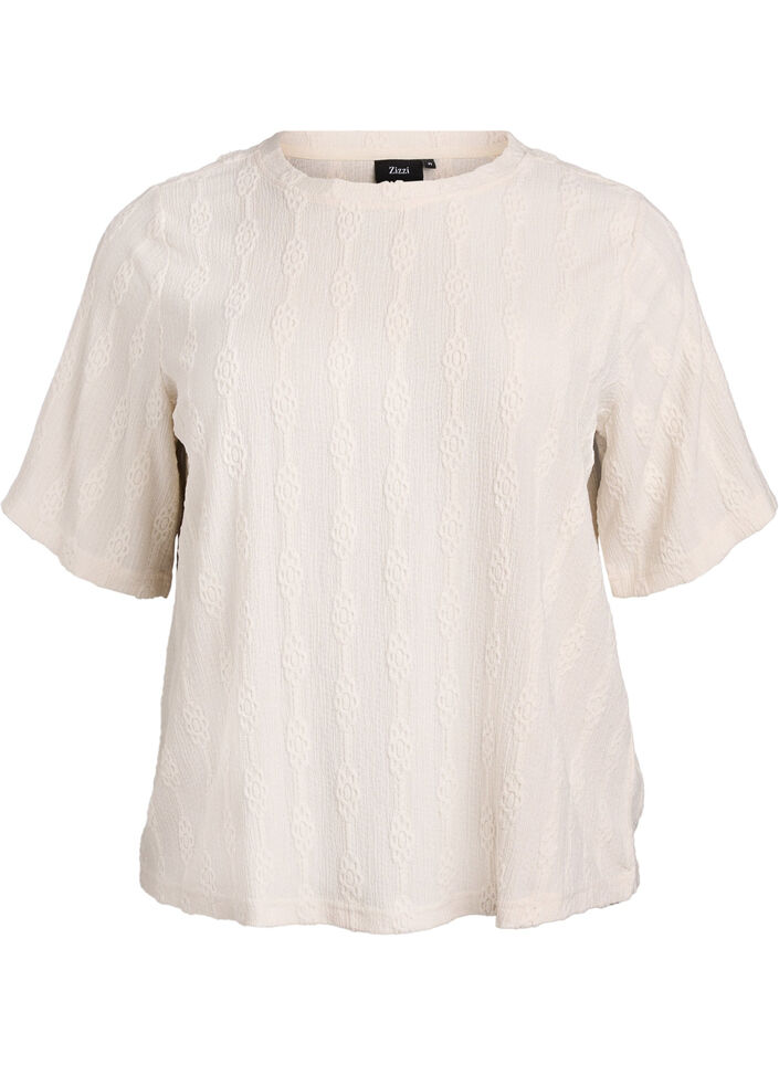 Blouse with a textured pattern and short sleeves, Beige, Packshot image number 0