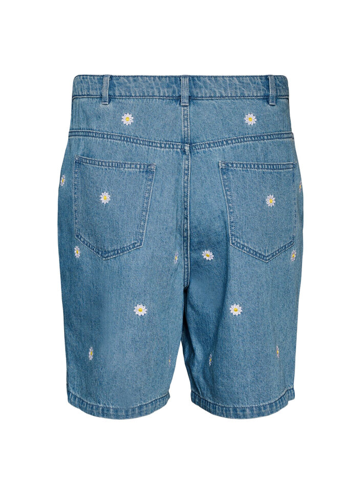 High-waisted denim shorts with floral embroidery, Light Blue, Packshot image number 1