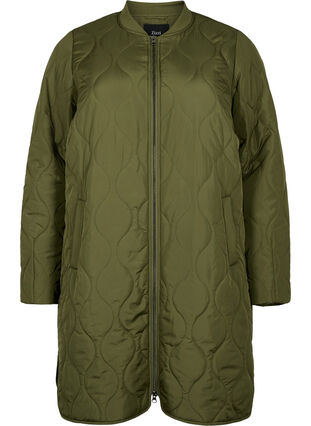 Long quilted jacket with pockets and zipper, Winter Moss, Packshot image number 0