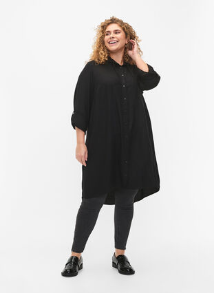 Shirt dress in viscose with hood and 3/4 sleeves, Black, Model image number 2