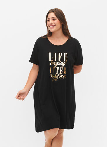 Short-sleeved nightgown in organic cotton (GOTS), Black W. Life , Model image number 0