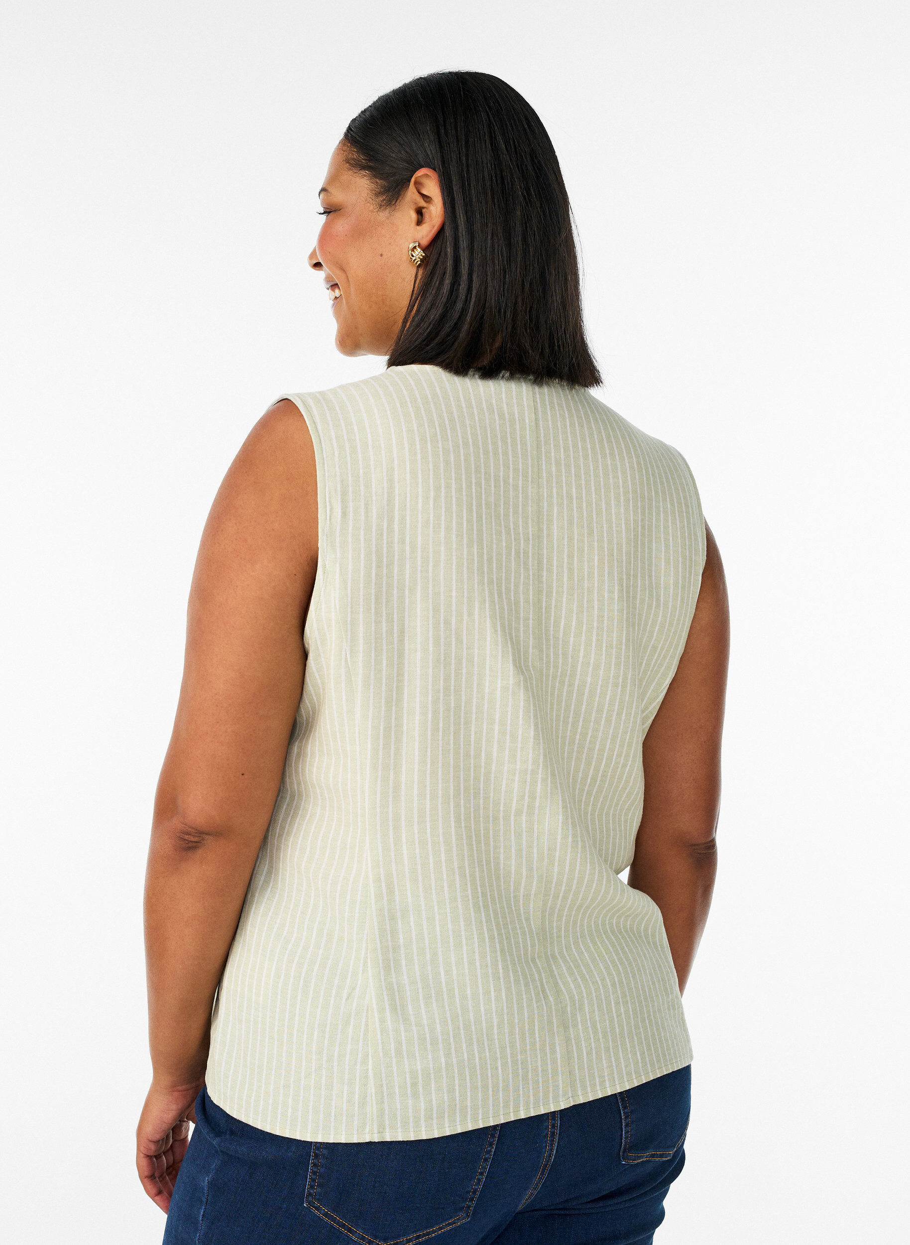 ZizzifashionStriped vest in linen and viscose, Green, Model image number 2