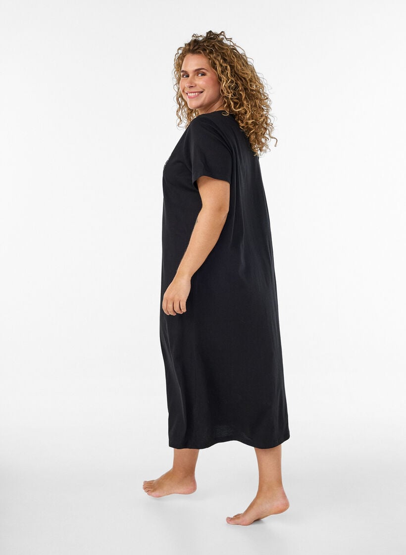 Midi nightgown in organic cotton, Black, Model image number 1