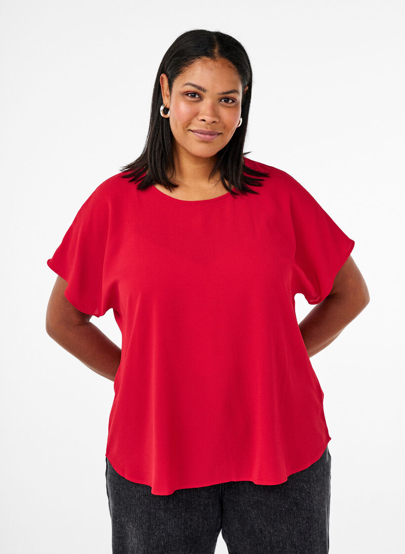 Blouse with short sleeves and a round neckline, Red, Model image number 0