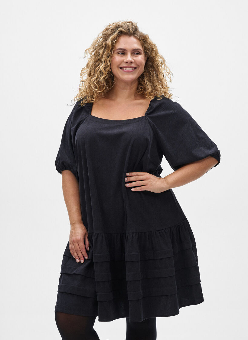 Short corduroy dress with square neckline, Black, Model image number 0