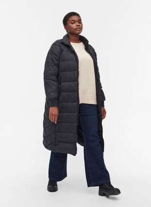Long, quilted winter jacket with pockets, Black, Model image number 2