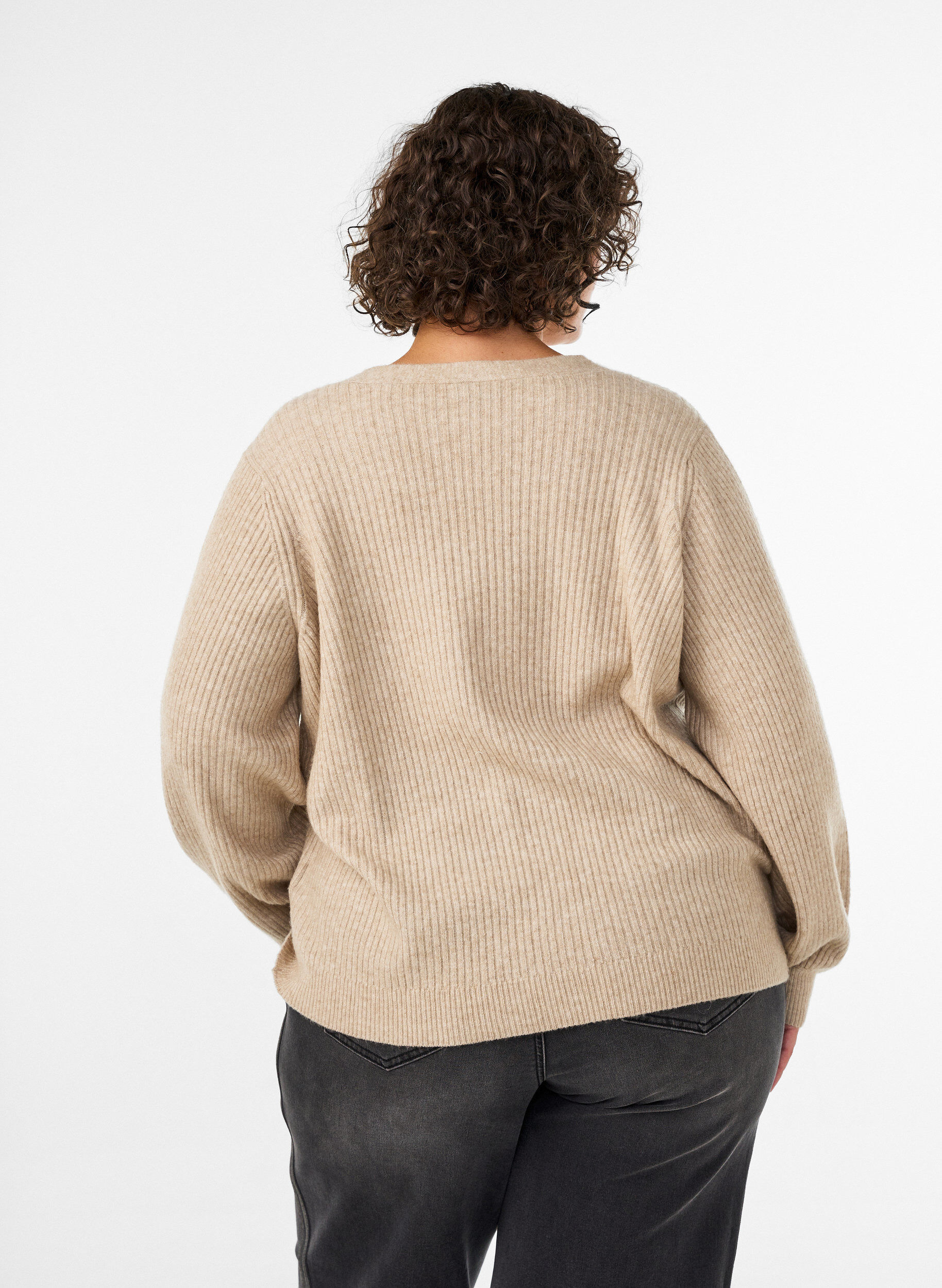 ZizzifashionCardigan with V-neck and ribbed texture, Beige, Model image number 2