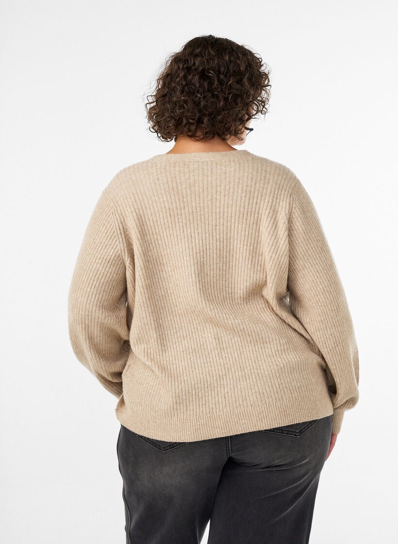 Cardigan with V-neck and ribbed texture, Beige, Model image number 2
