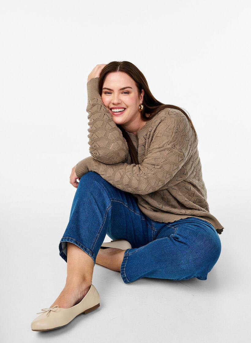 Long-sleeved knit blouse with an openwork pattern, Desert Taupe, Image image number 0