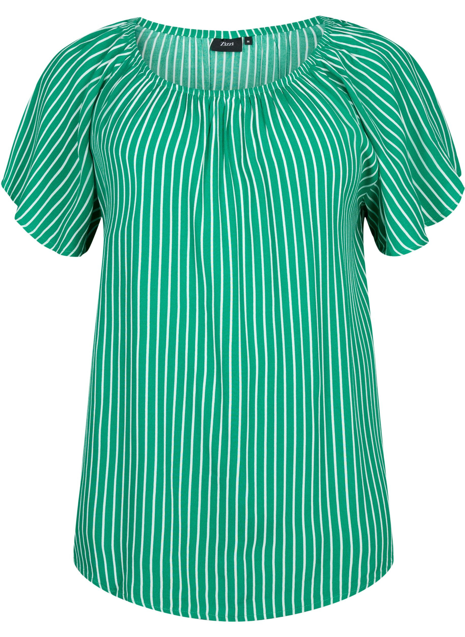 Zizzifashion Plain viscose blouse with short sleeves, J.Green/White Stripe, Packshot image number 0