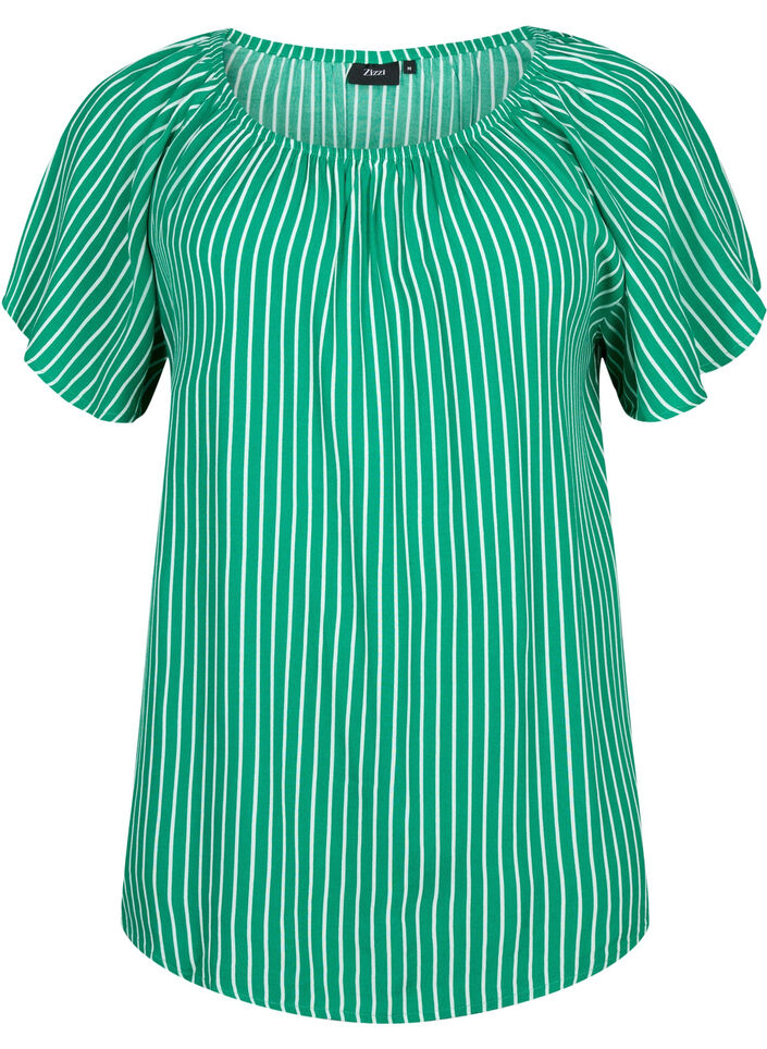 Plain viscose blouse with short sleeves, J.Green/White Stripe, Packshot image number 0